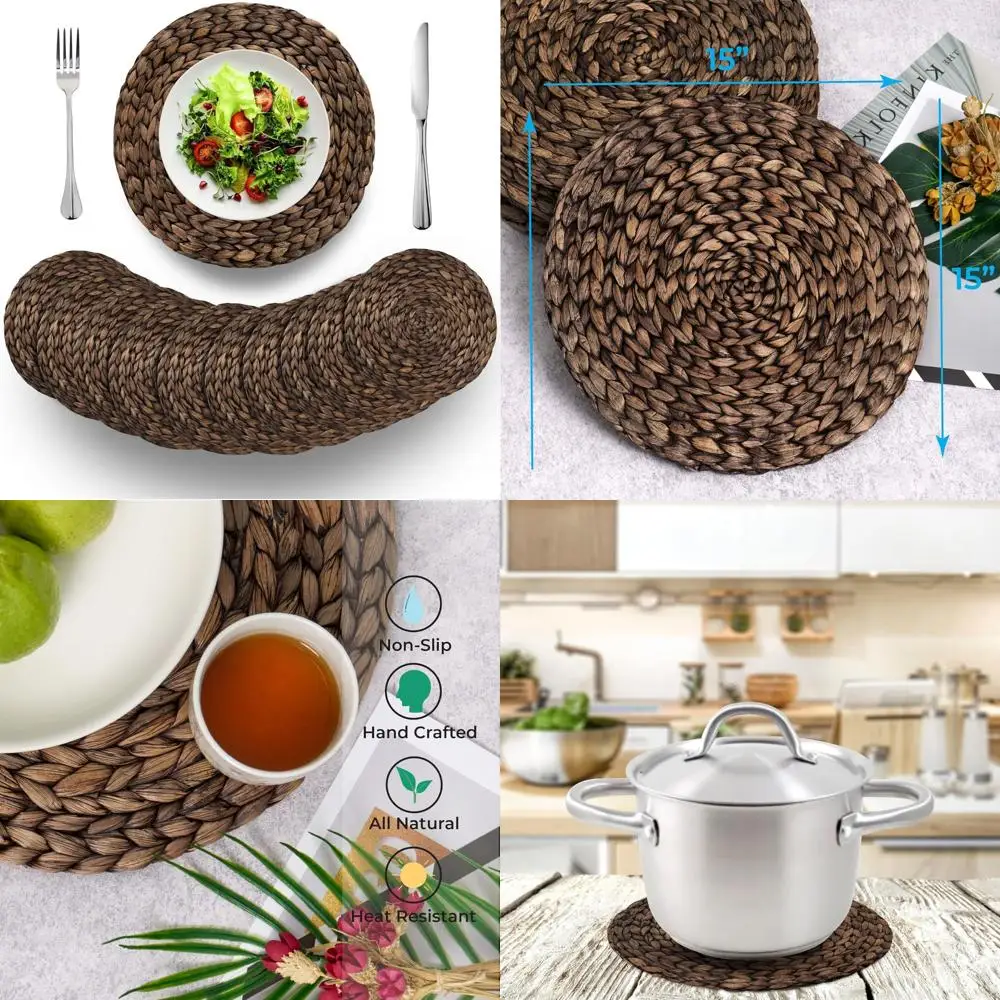 

Rustic Woven Round Placemats Set of 10, Natural Water Hyacinth Weave, Dining Table Decor, Laid-back Elegance for Casual Dining