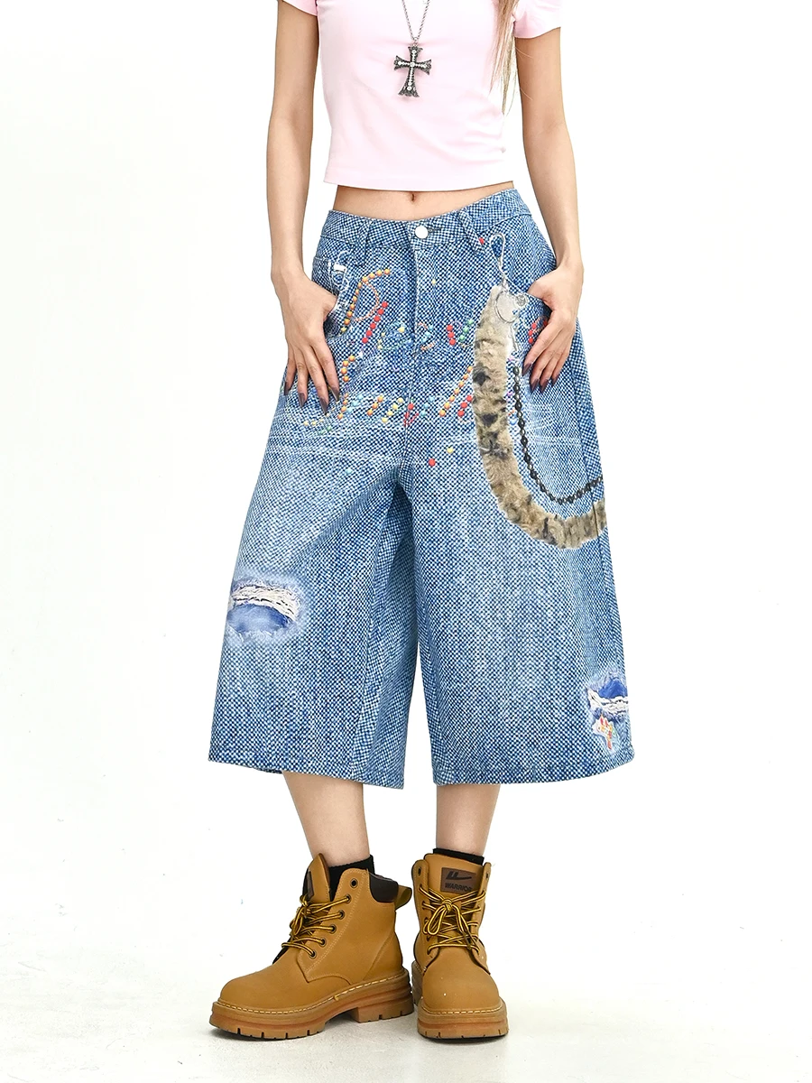 

Женские летние брюки нового стиля в стиле ретро, американские широкие брюки из денима с принтом, длиной семь восьмых длины ноги, удобные, универсальные, модные, B...