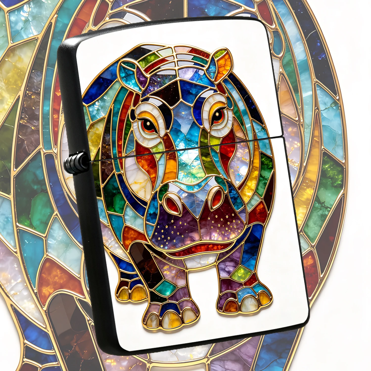 Vibrant Stained Glass Hippo Themed Portable Lighter, Exquisite Gold Trim Art Design, Stylish Ambience Piece, Suitable For All Daily Scenarios, Unique Creative Practical Gift For Friends And Hobbyists, Eye-Catchy Decorative Collectible Item