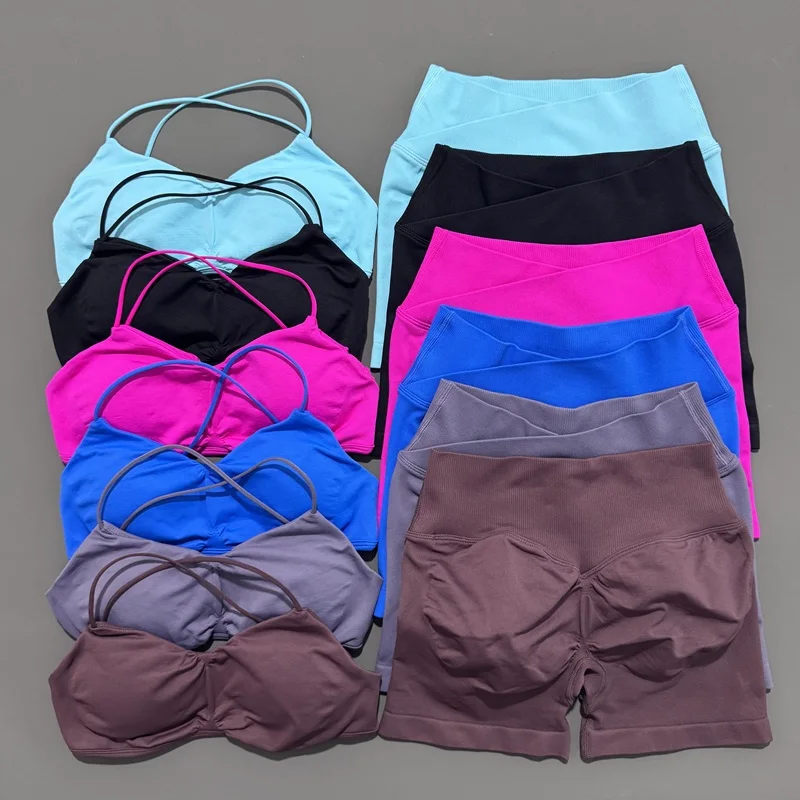 

2Piece HISTELLO Sports Set Women Gym Seamless Suspender Gathering Bra High Waist Hip Lifting Belly Tightening Shorts Fitness Set