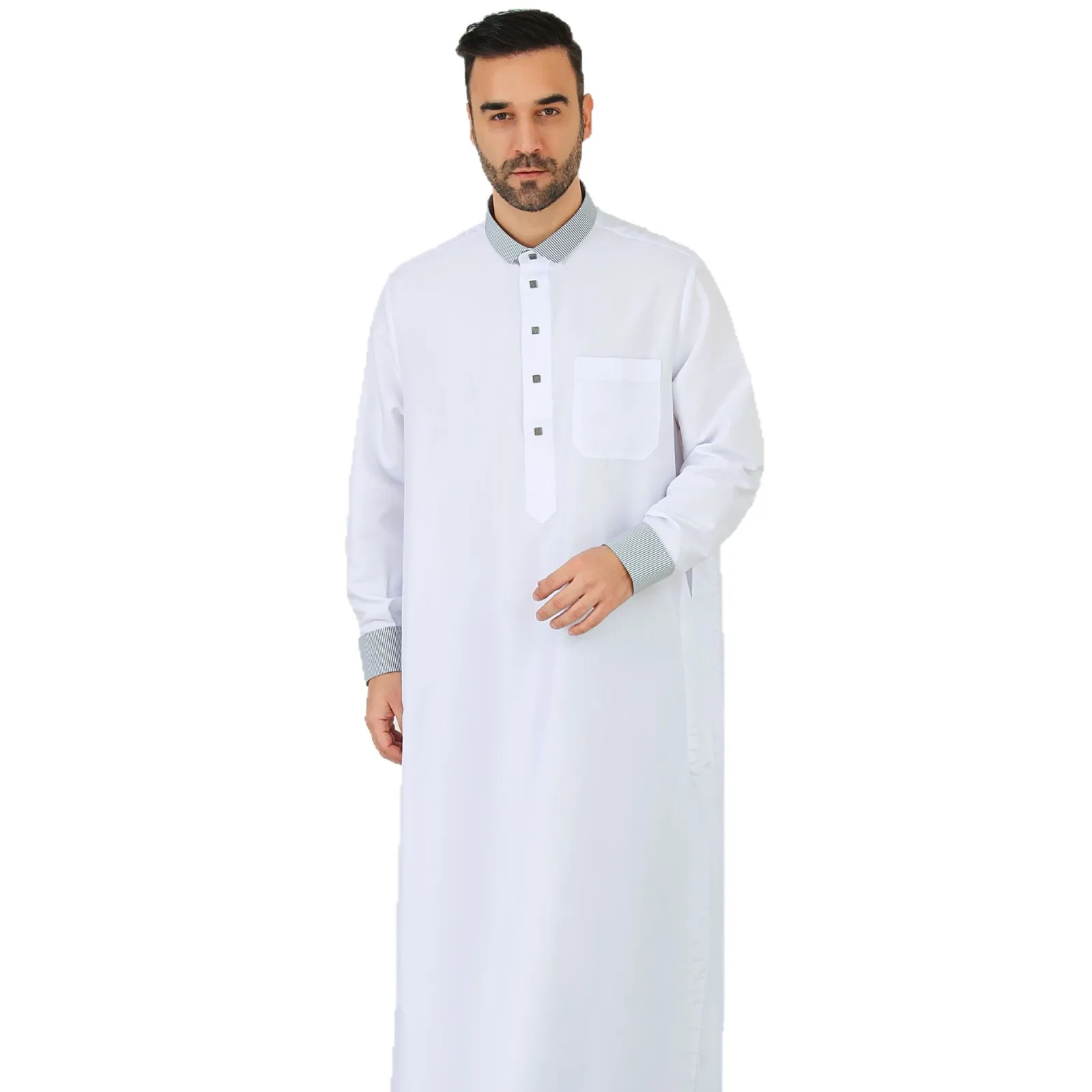 

Men's White Arabian Traditional Robeclassic Stand-up Collar with Striped Comfortable Texture Muslim Fashion Ropa Hombre