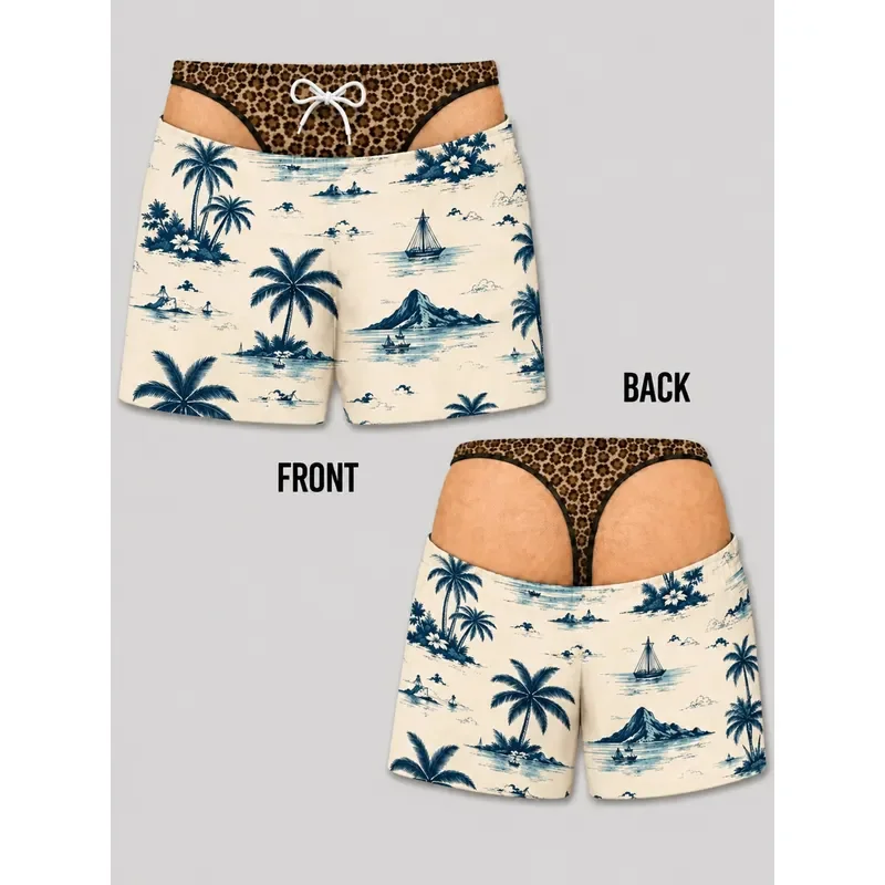 for Men Vintage Tropical Island Board Shorts Palm Tree Sailboat Print with Leopard Bikini Faux Skin Illusion Funny 3D Swim