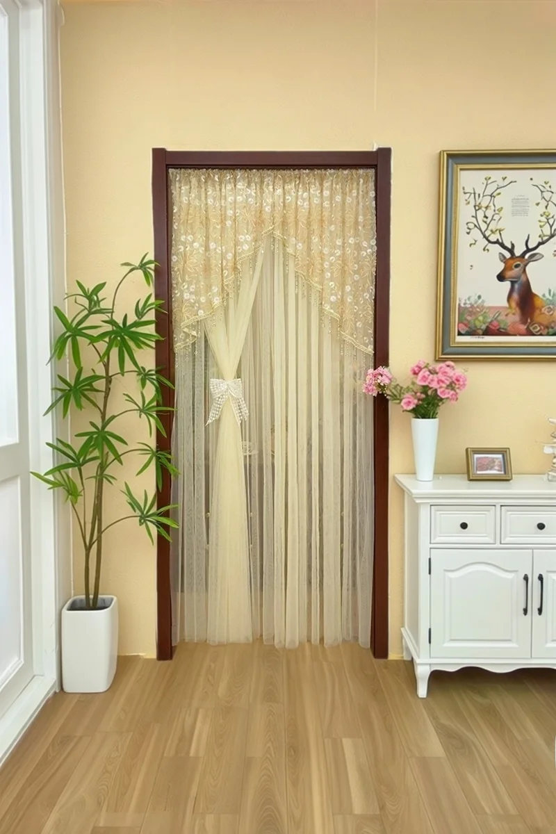 Privacy Lace Door Curtain Partition Curtain with Extra Mesh Bedroom Room Blocking Curtain No Punching Required Home Decor