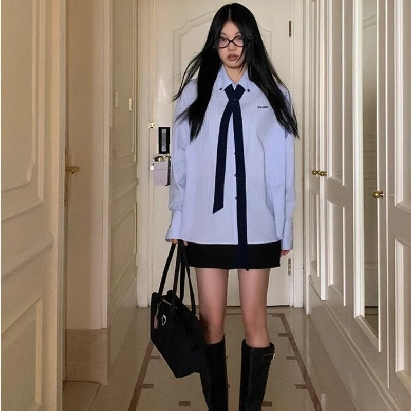 Deeptown Blue Striped Women Shirts Harajuku Long Sleeve Letter Embroidery Korean Fashion Blouses Loose Preppy Chic Casual Spring
