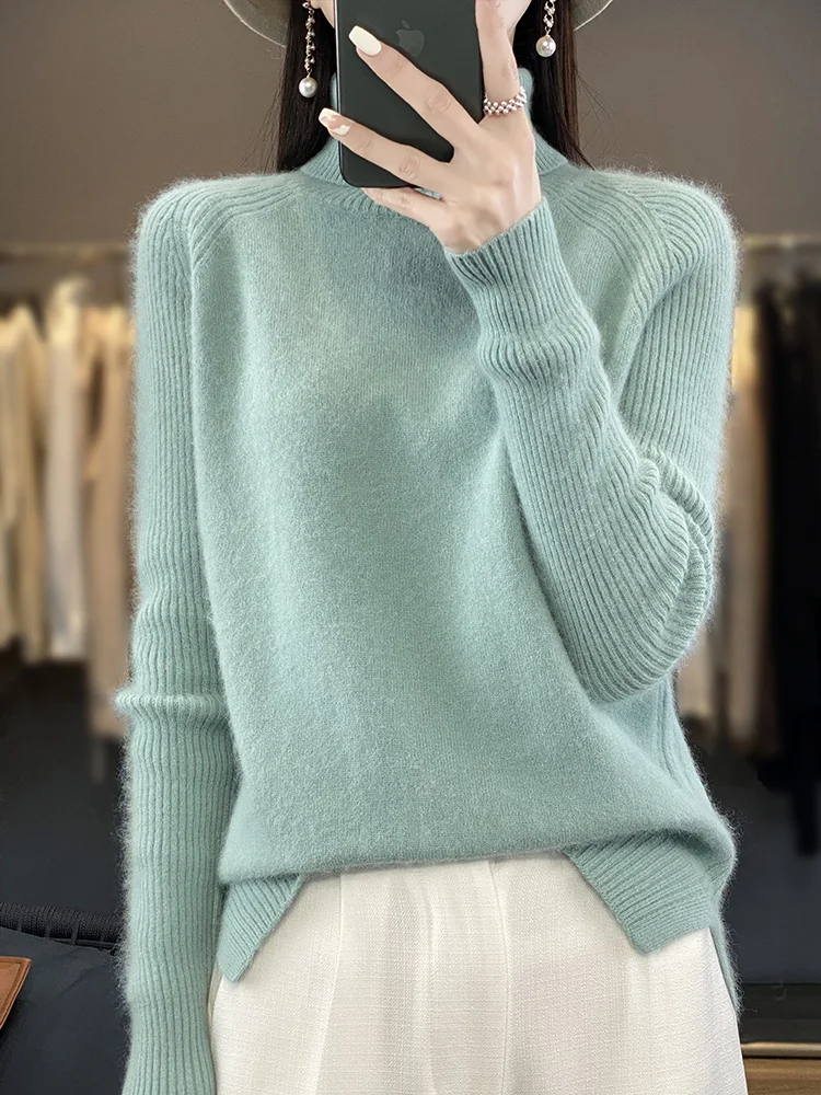 Autumn Winter 100% Mink Cashmere Women's Pullover Sweater Turtleneck Long Sleeve Cashmere Knitwear Soft Warm Korean Clothing Top