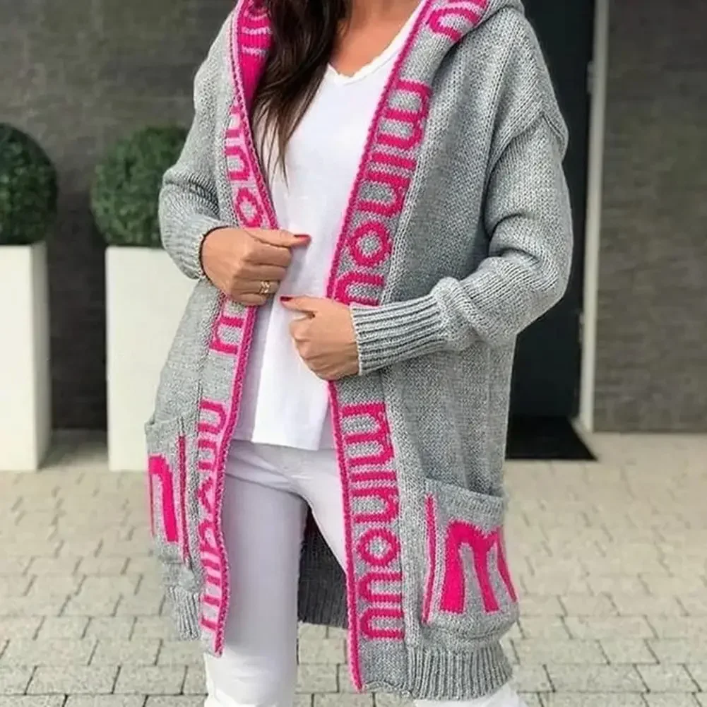 트렌디한 후드 니트웨어 긴 소매 따뜻한 방한 가을 겨울 여성 미디 니트 카디건 스웨터