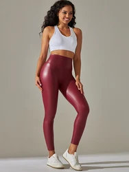 Mallas de cuero con costuras para mujer, pantalones informales de color sólido, elásticos, ajustados, con cintura de nueve puntos