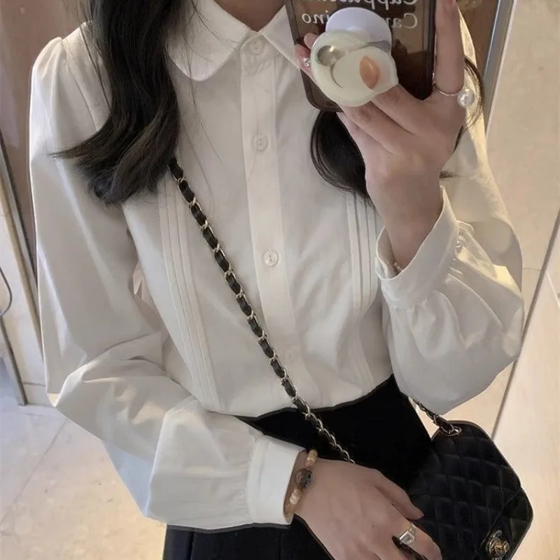 White Kawaii Shirts Women Korean Style Pleated Blouses Peter Pan Collar Preppy Long Sleeve Basic Cute Tops Spring Fashion