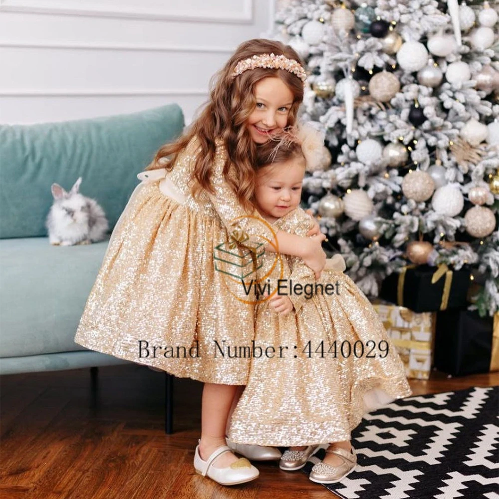 Champagne Half Sleeve Flower Girls Dresses with Sequined 2024 Winter Knee Length Christmas Gowns Exquisite فلور فتاة اللباس