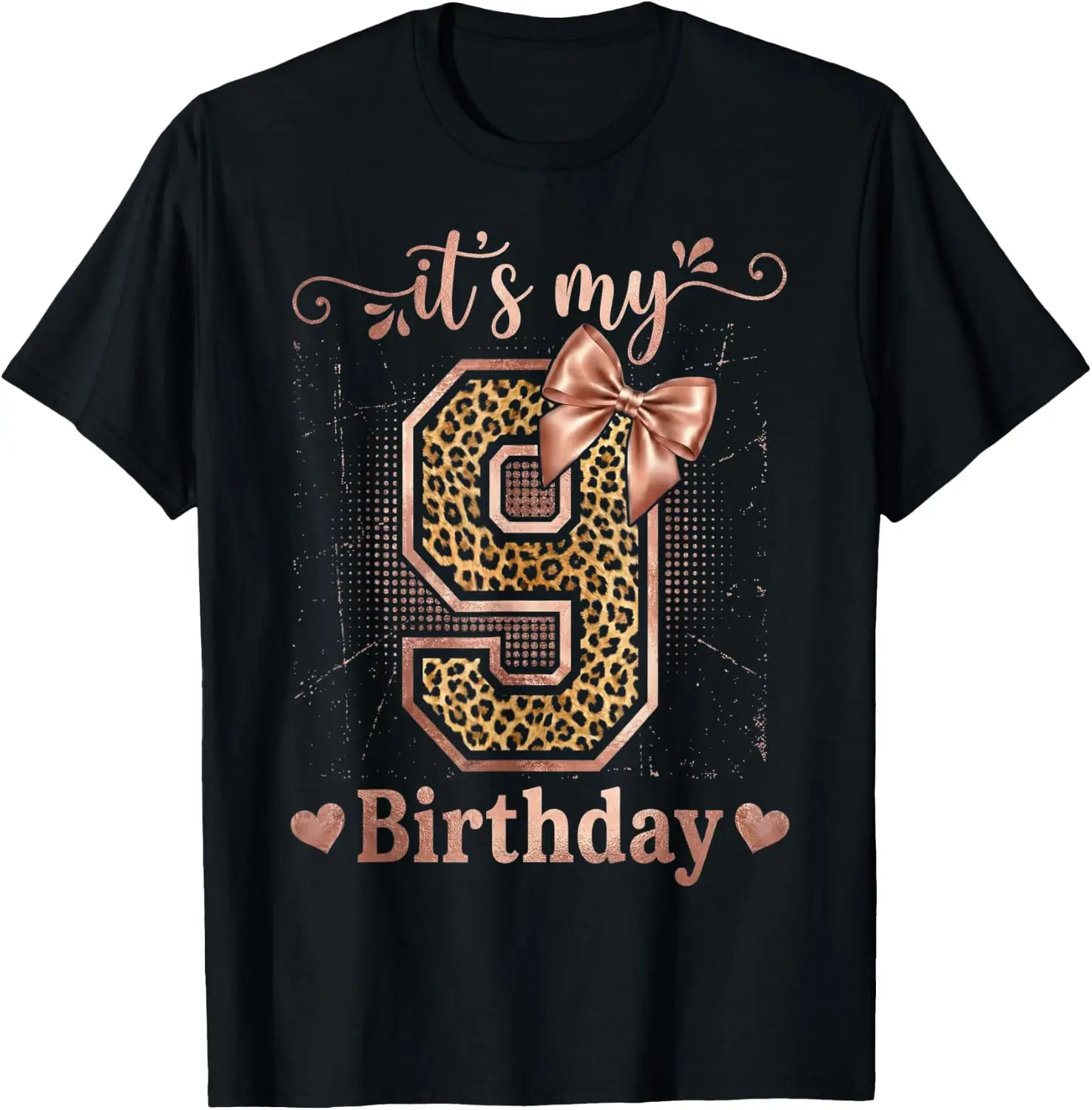 It's My 9Th Leopard Print Coquette Bow 9 Birthday T-Shirt Breathable, heavyweight pure cotton short-sleeve top—stylish, plus-size, and suitable for year-round wear with a sporty, casual vibe