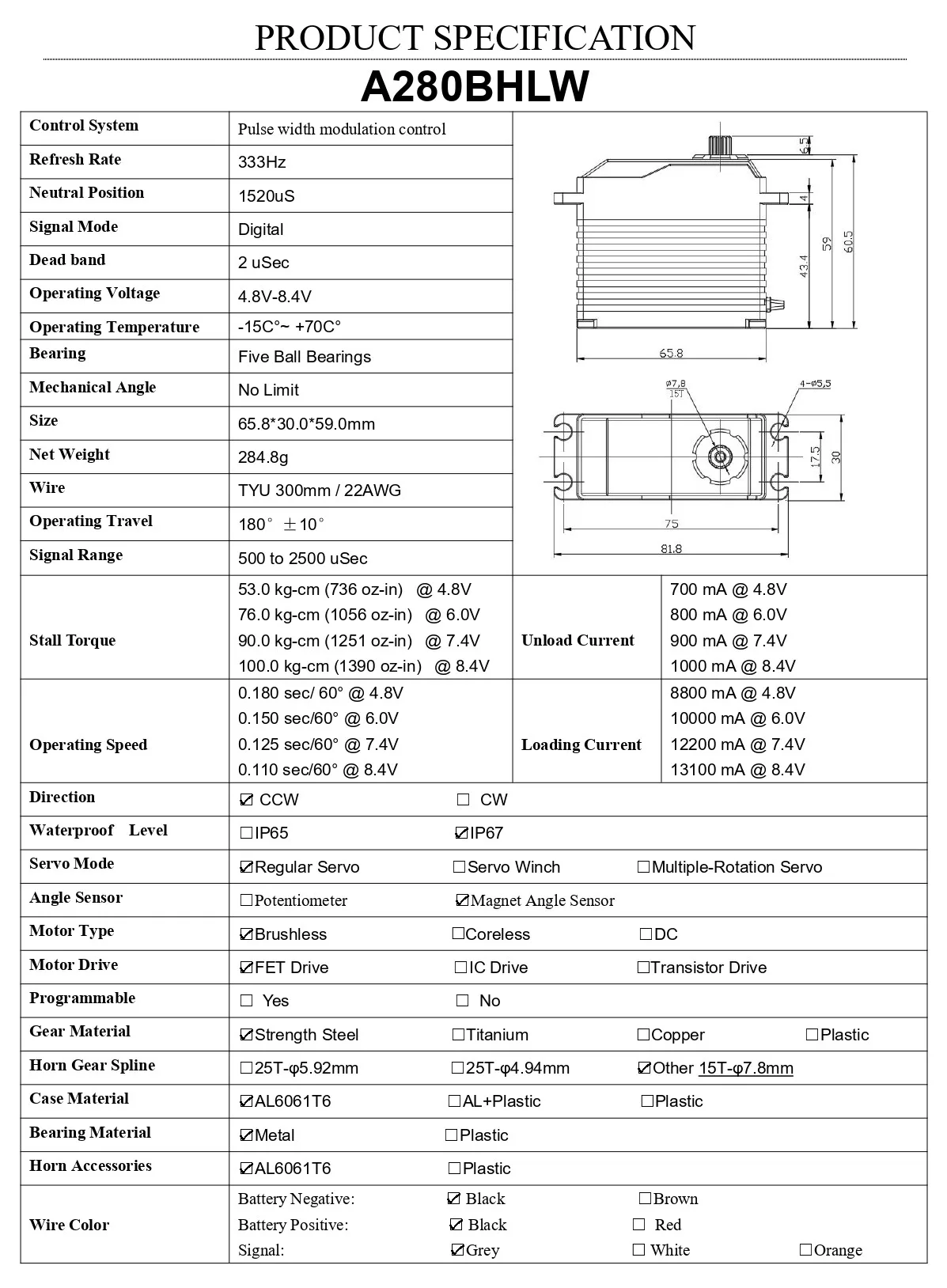 AGFRC A280BHMW A280BHLW 78KG 100KG HV Bürstenloser wasserdichter RC-Servomotor mit hohem Drehmoment für 1/5 große Flugzeuge, Auto, Boot, RC-Modelle – Detail 9
