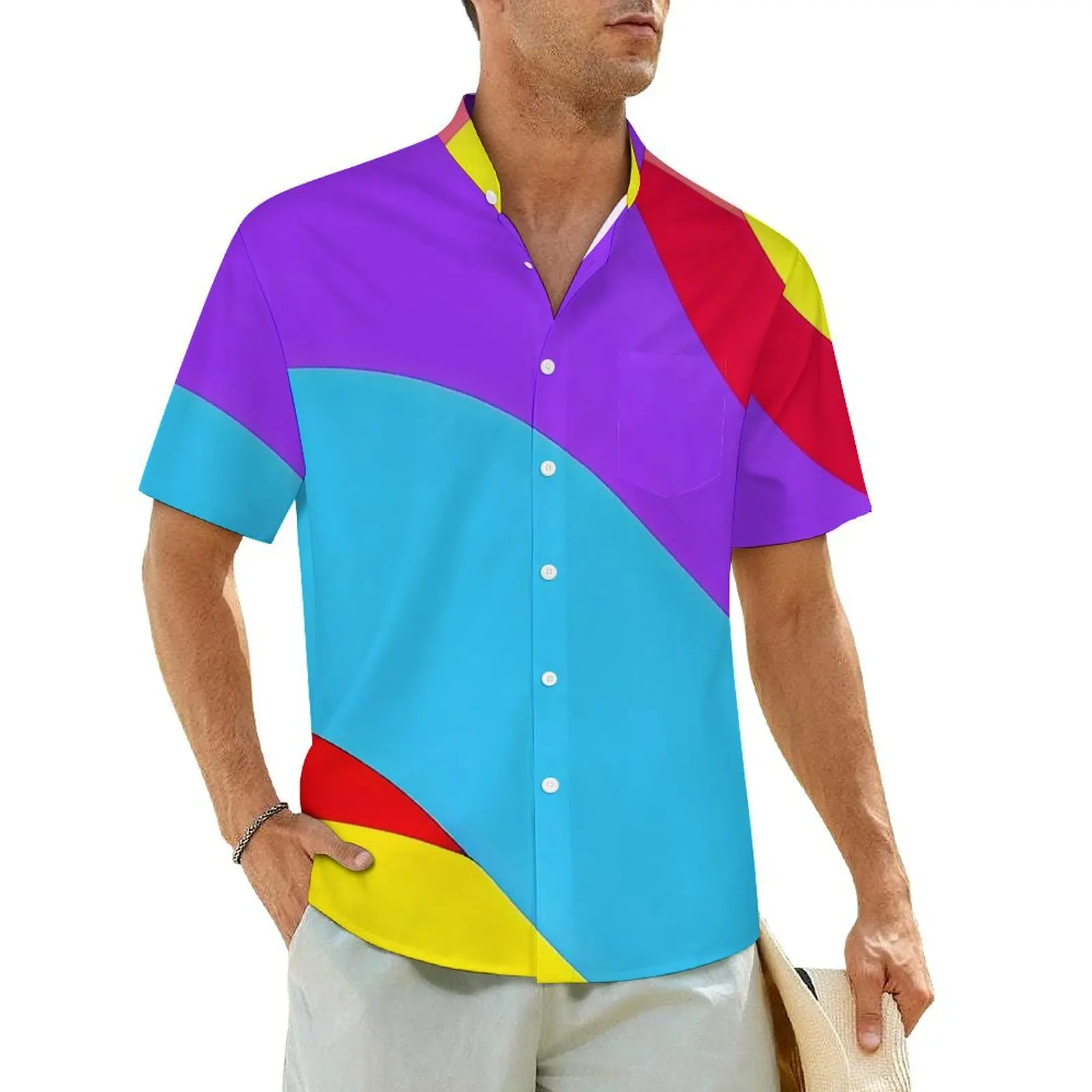 

Colorblock Print Hawaiian Shirt For Men Beach Rainbow Swirls Casual Shirts Short Sleeve Streetwear Elegant Oversized Blouses