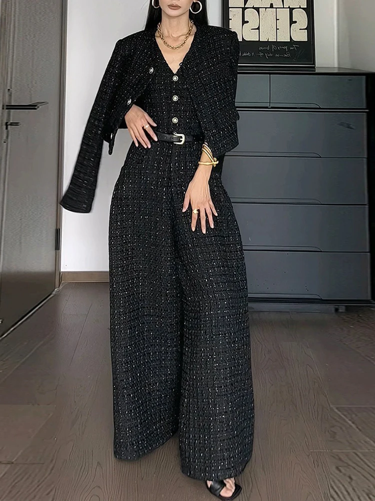 Twotwinstyle Plaid Casual Tweedelige Sets Voor Dames V-Hals Lange Mouw Jas V-Hals Mouwloze Hoge Taille Jumpsuit Chic Set Dames