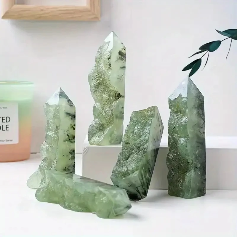 

1pc Raw Prehnite Obelisk Green Geode Quartz Crystal Tower, Natural Stone Home Decor Easter,Stone Deco