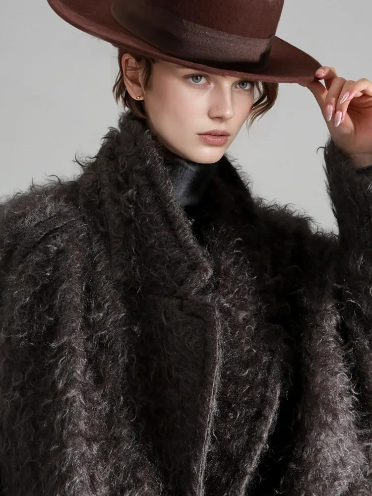 Damski luksusowy płaszcz z mieszanki moheru, wełny i kaszmiru, dwurzędowy, z kołnierzem garniturowym, luźny, ciepły płaszcz na jesień i zimę, jednolity kolor.