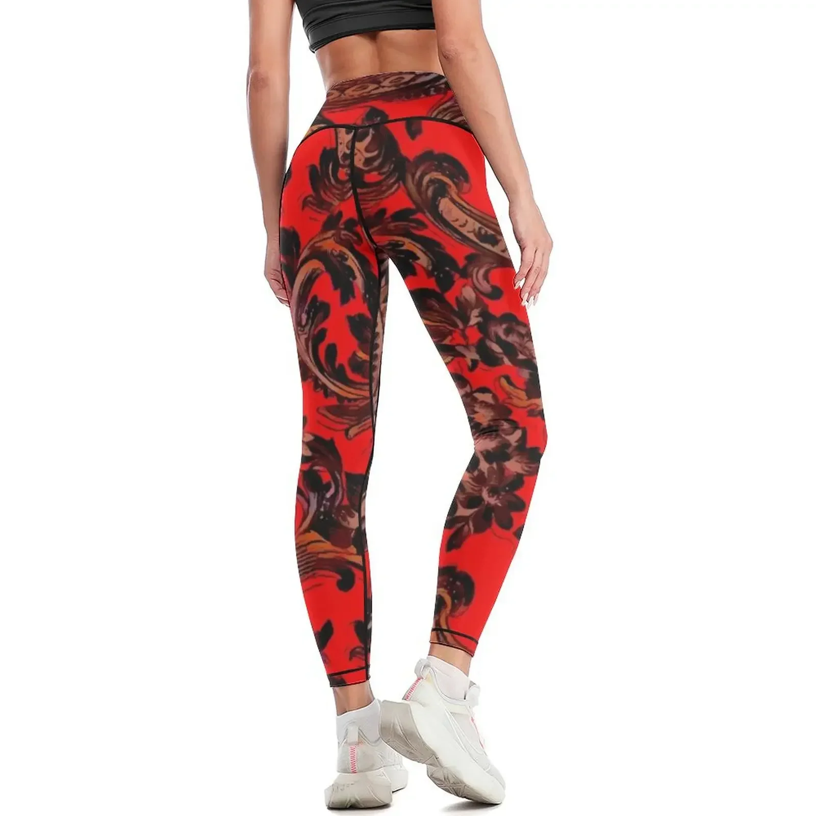 Black flower pattern on a red background Leggings gym clothing Training pants Clothing fitness Fitness woman Womens Leggings