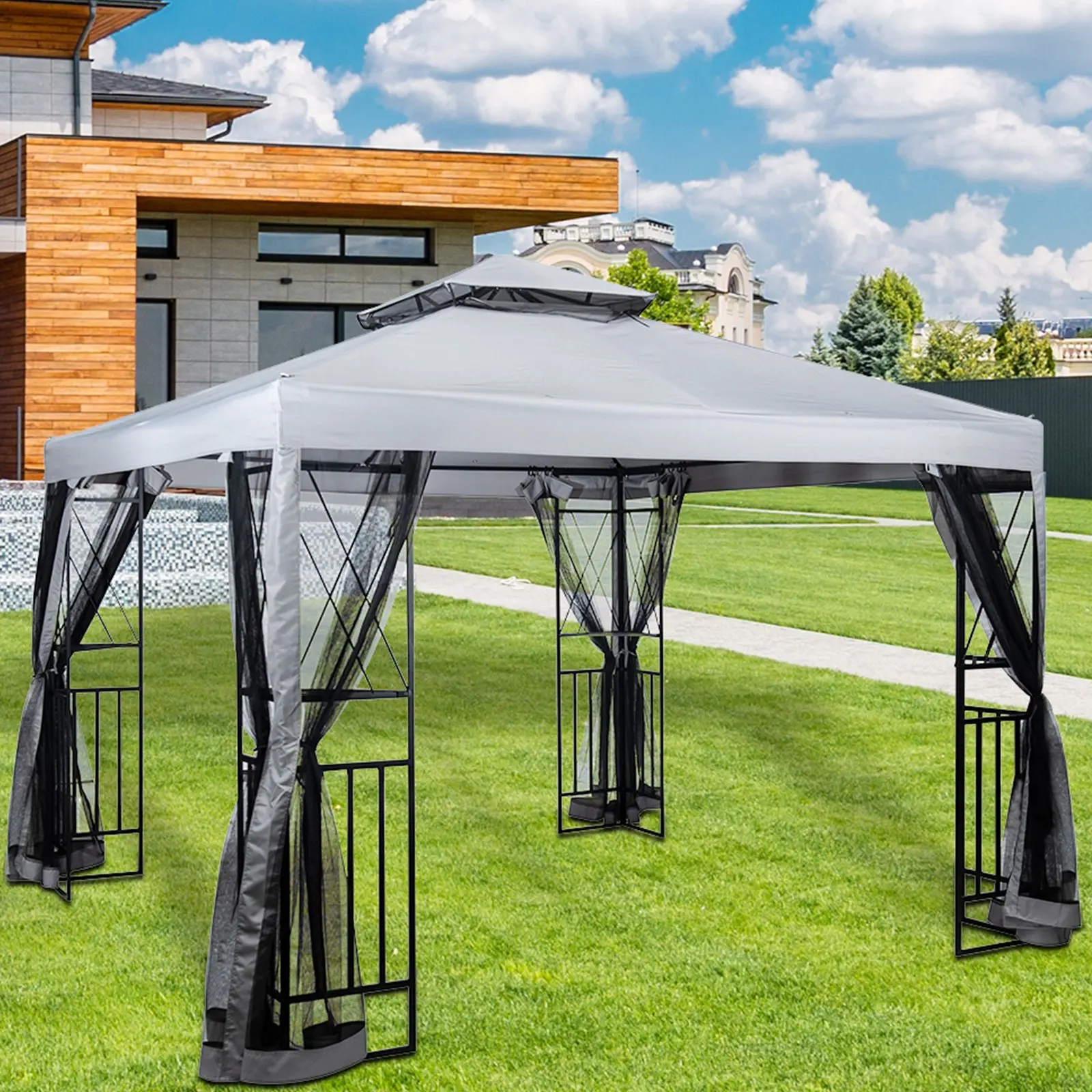 10' x 10' Patio Gazebo with Mosquito Net and Corner Shelves, Light Gray for Backyard,Poolside, Deck, Brown