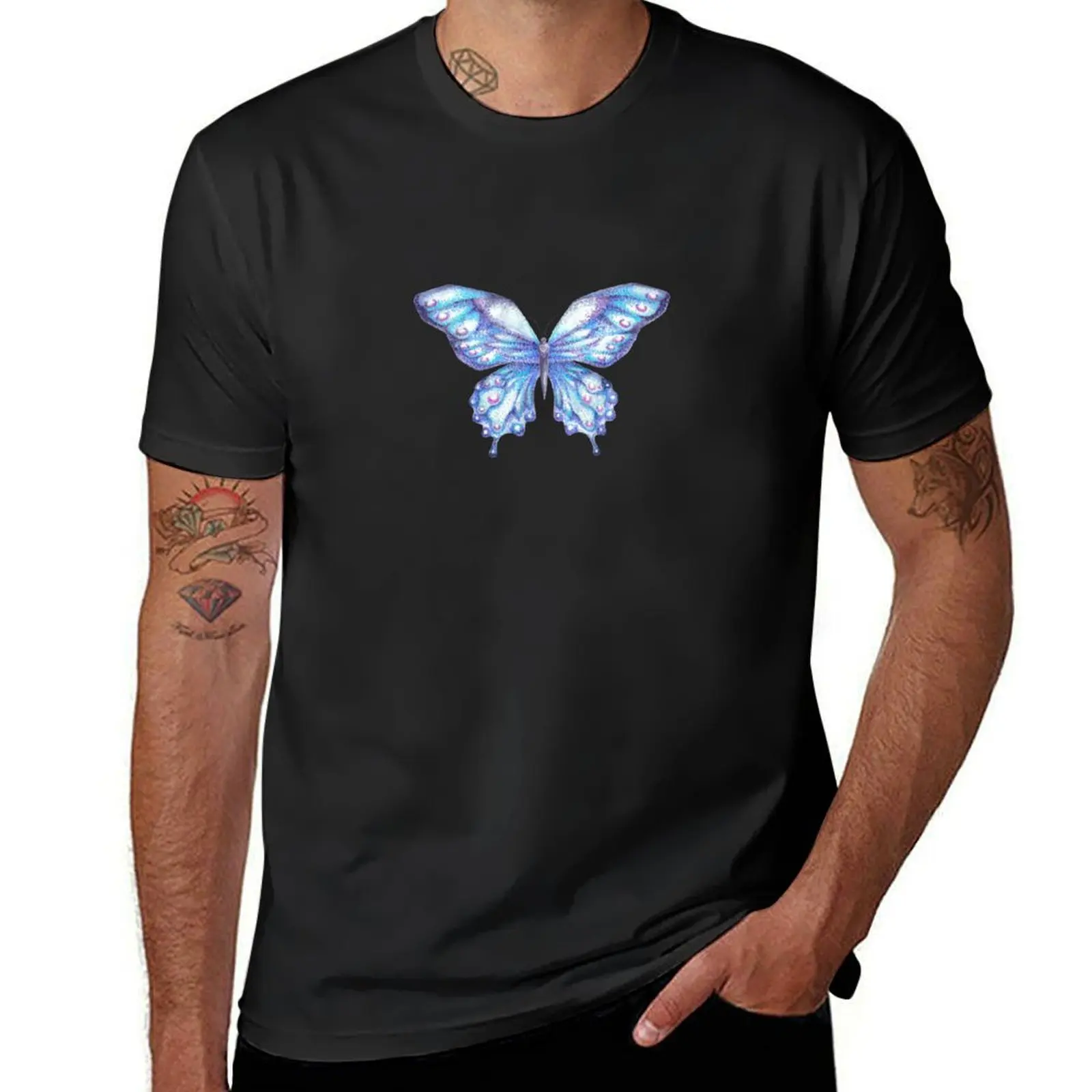 

Delicate blue butterfly in vintage, artistic style, watercolor. T-Shirt tees aesthetic clothes men clothes