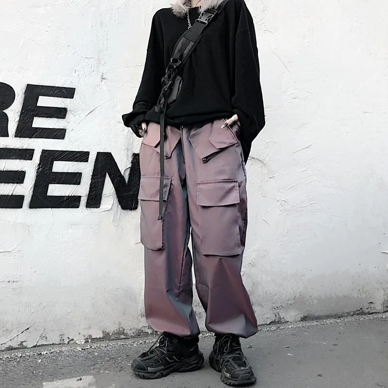 Streetwear Gradient Color Cargo Pants Women Fashion New High Waist Elastic Wide Leg Pant with Pockets Baggy Trousers