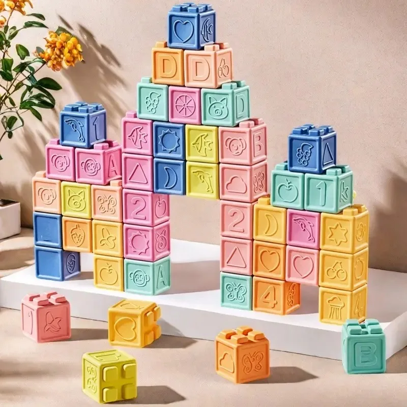 บล็อกต่อเนื้อนิ่มสำหรับเด็กเล็ก ของเล่นเสริมพัฒนาการ พร้อมสัตว์ต่างๆ ตัวเลข และคุณสมบัติการเรียนรู้สี