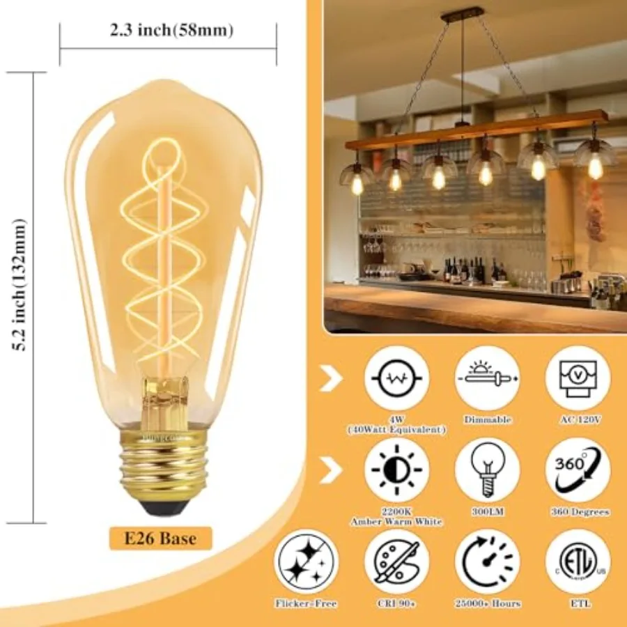 E26 LED Vintage Edison Light Bulbs 40W Equivalent, Dimmable E26 4W LED Edison Bulbs 2200K Amber Warm Light Bulbs, ST58 Antique