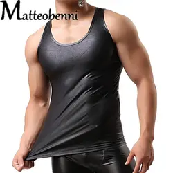 Mens Sexy PU Leather Tank Tops Sleeveless Erotic Shaping Stretch T-shirts Latex Patent Leather Lingere Mens Fetish Wear Costume