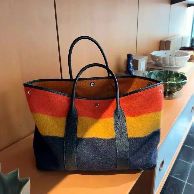 

Rainbow Color-Block Stripes Wool Tote Bag for Women, Spacious Fashion-Forward Minimalist Shoulder Bag & Handbag