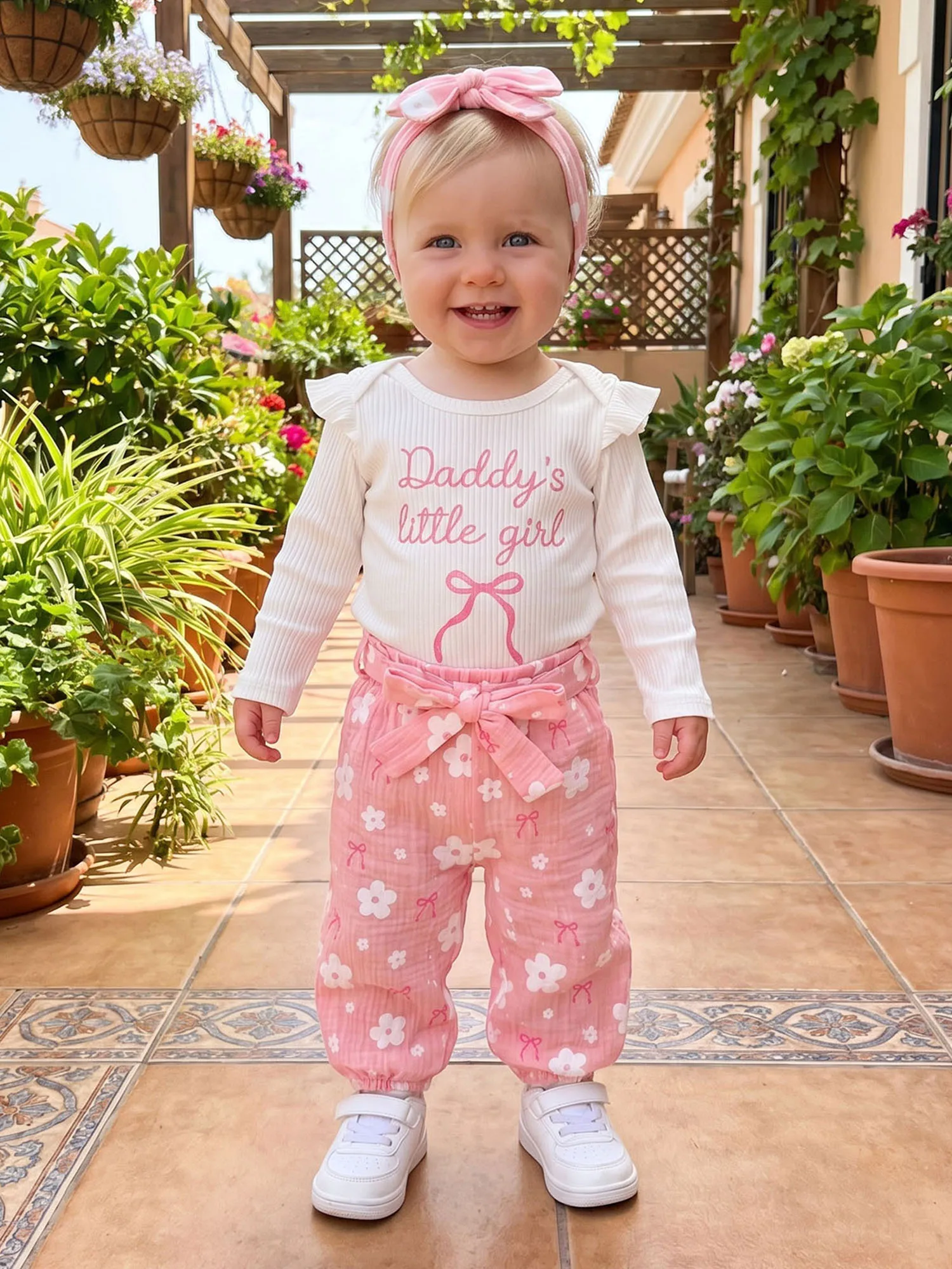 Romper Girls Bow-Embroidery-Romper Fall Outfits Ruffle Neck-Letters-Bow Pants Headband Ruffle Ruffle Long Sleeve Top Rated