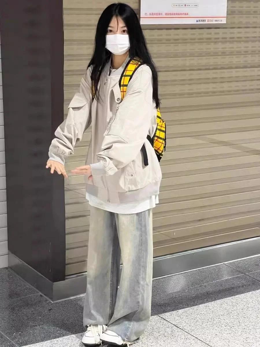 Giacca Baseball Coreana da Donna Primavera Autunno Vestibilità Ampia Tuta da Volo Capospalla Alla Moda Cappotto Lungo per Coppie