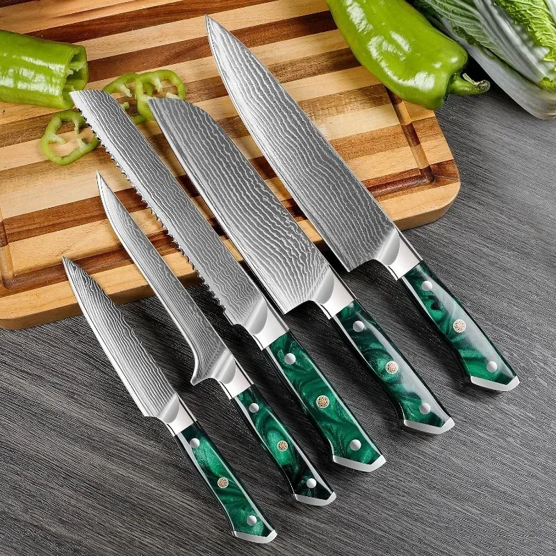 

Japanese Santoku Knife Damascus Chef Knife Set Sharp Meat Cleaver Resin Handle Household Butcher's Boning Knife Kitchen Knives