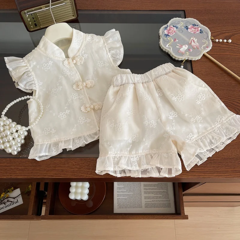 2024Retro Short Sleeve Summer New Girls' Trousers Suit Baby Summer Refreshing Two-Piece Set24101