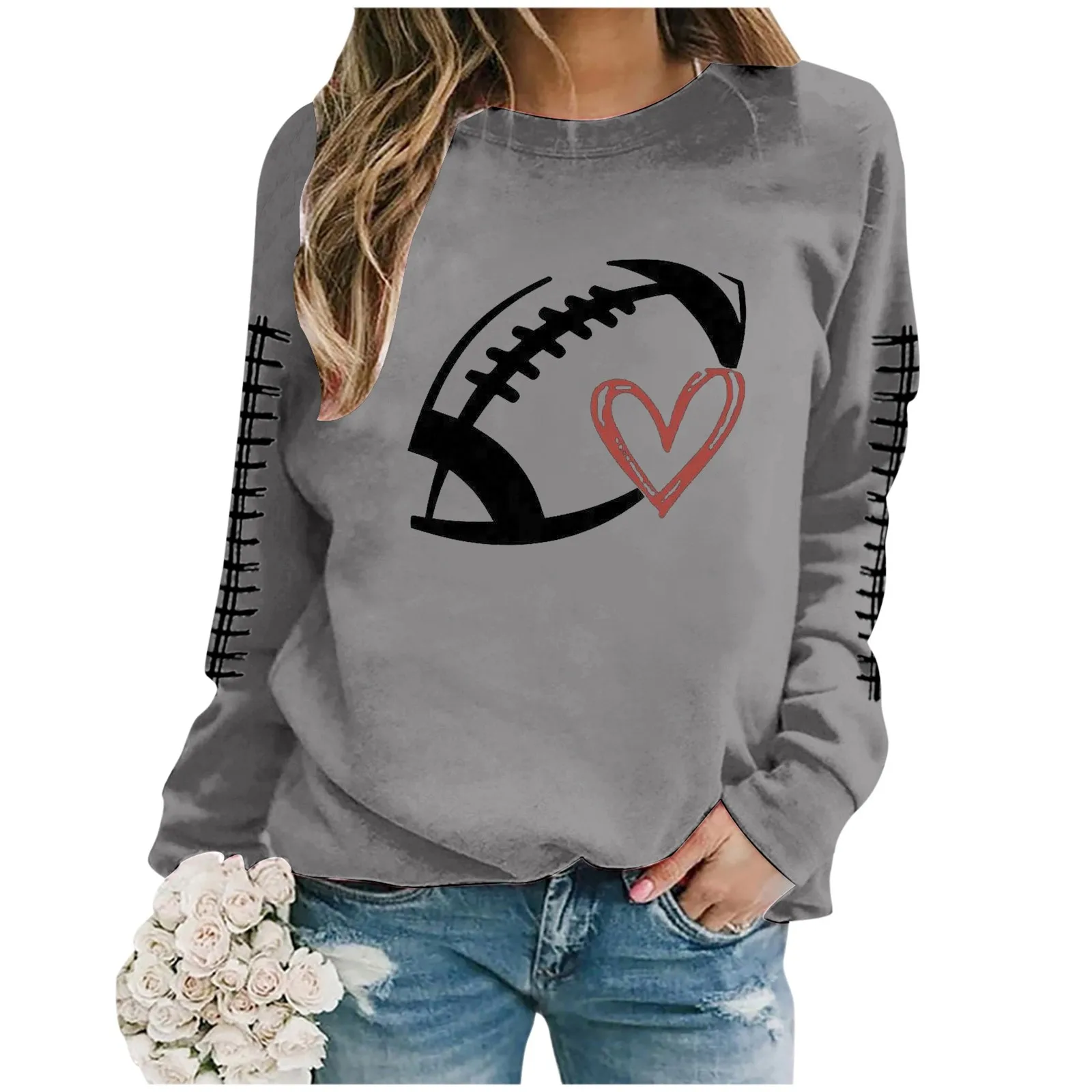 Women Sweatshirt Crew Neck Long Sleeve Rugby Football Graphic Print Hoodless Pullover Sweatshirts Tops Fleece Blouse Streetwear