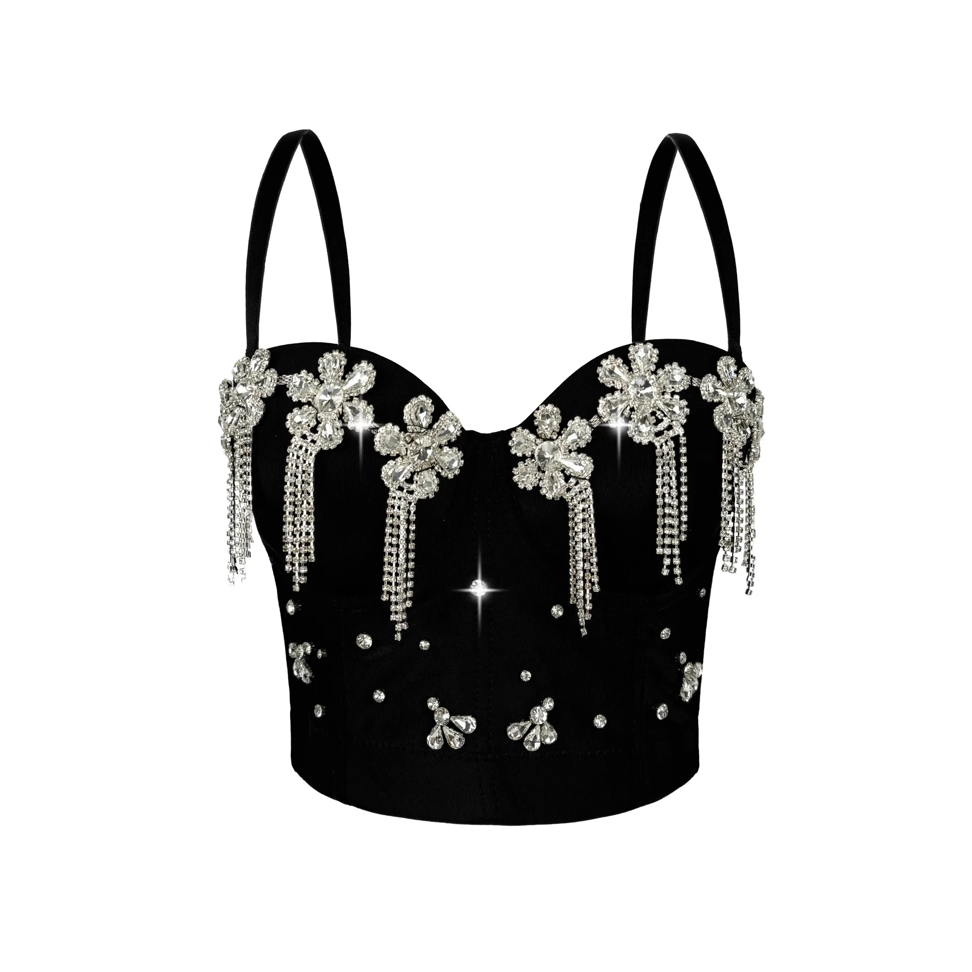 Women's Rhinestone Fringe Chain Bustier Corset, Crystal Beaded Boned Cami Backless Lace Up Corset Top for Stage Performance