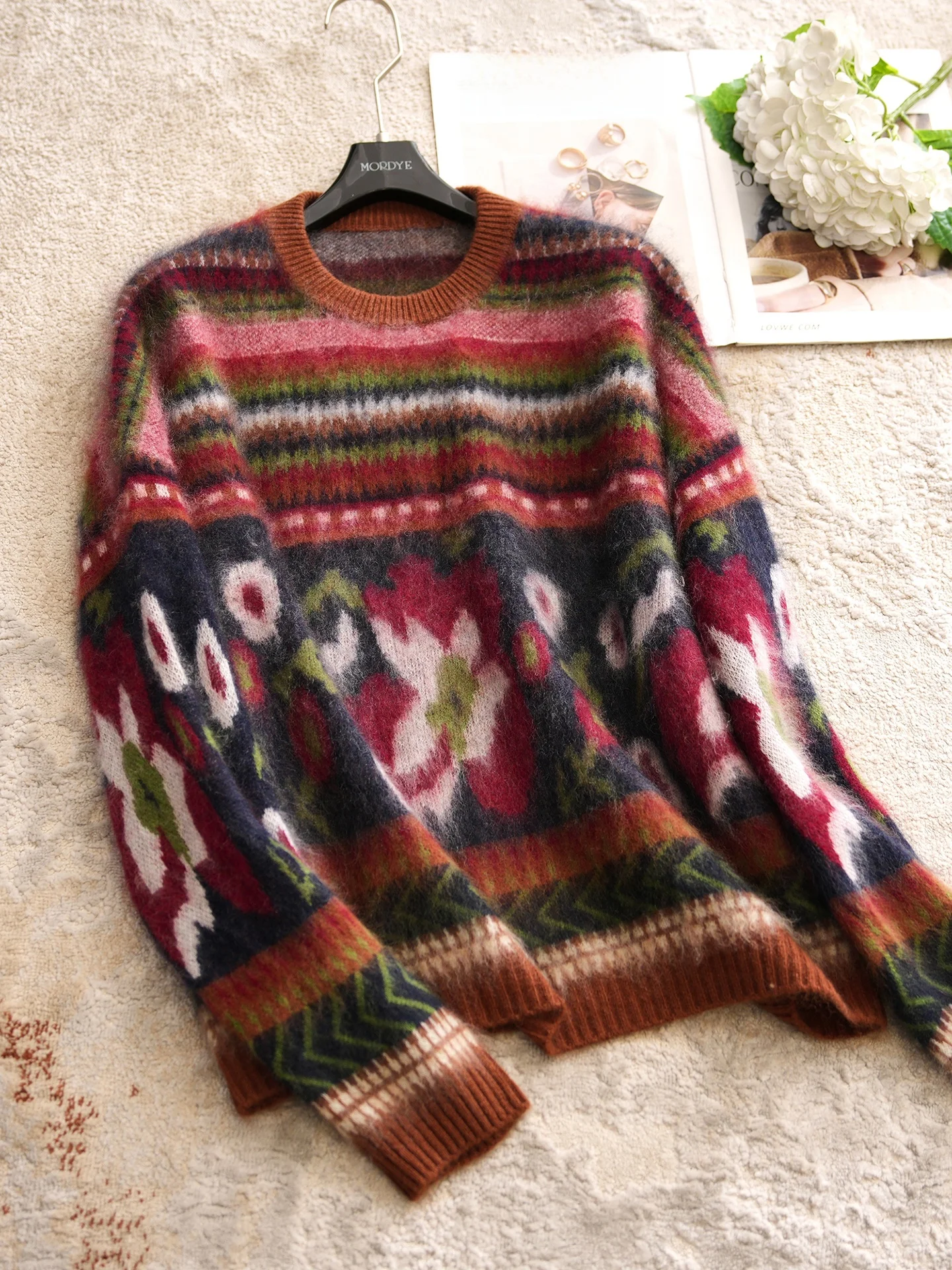 

Heavyweight Camere Wool Rainbow Stripes adient Dyeing Knitted Sweater Soft Vintage Loose Fit Long Sve round Ne Warm