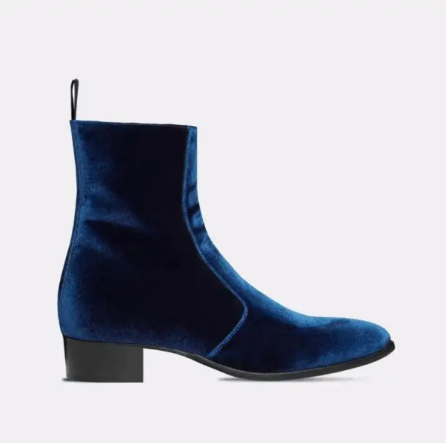 Noble Blue Burgundy Velvet Square Heel Men Ankle Boots Pointed Toe Zipper Back Wine Red Solid Man Chelsea Boots Zapatos Hombres