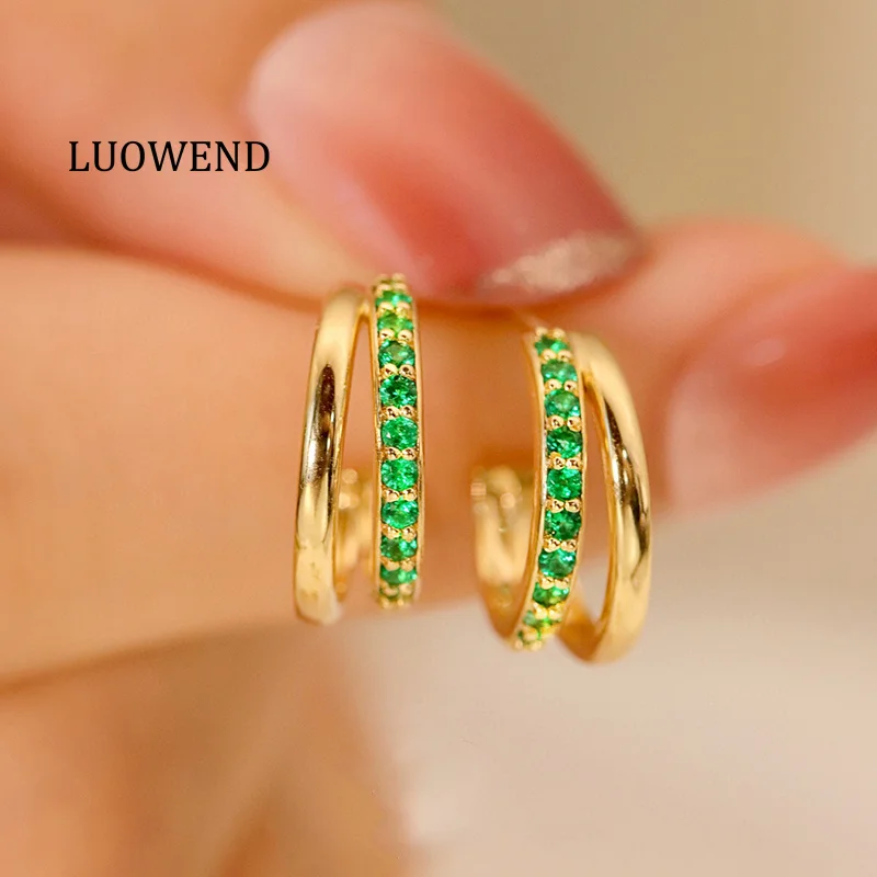 LUOWEND 100% 18K Yellow Gold Earrings Elegant Gentle Style Real Natural Emerald Stud Earrings for Women High Engagement Jewelry