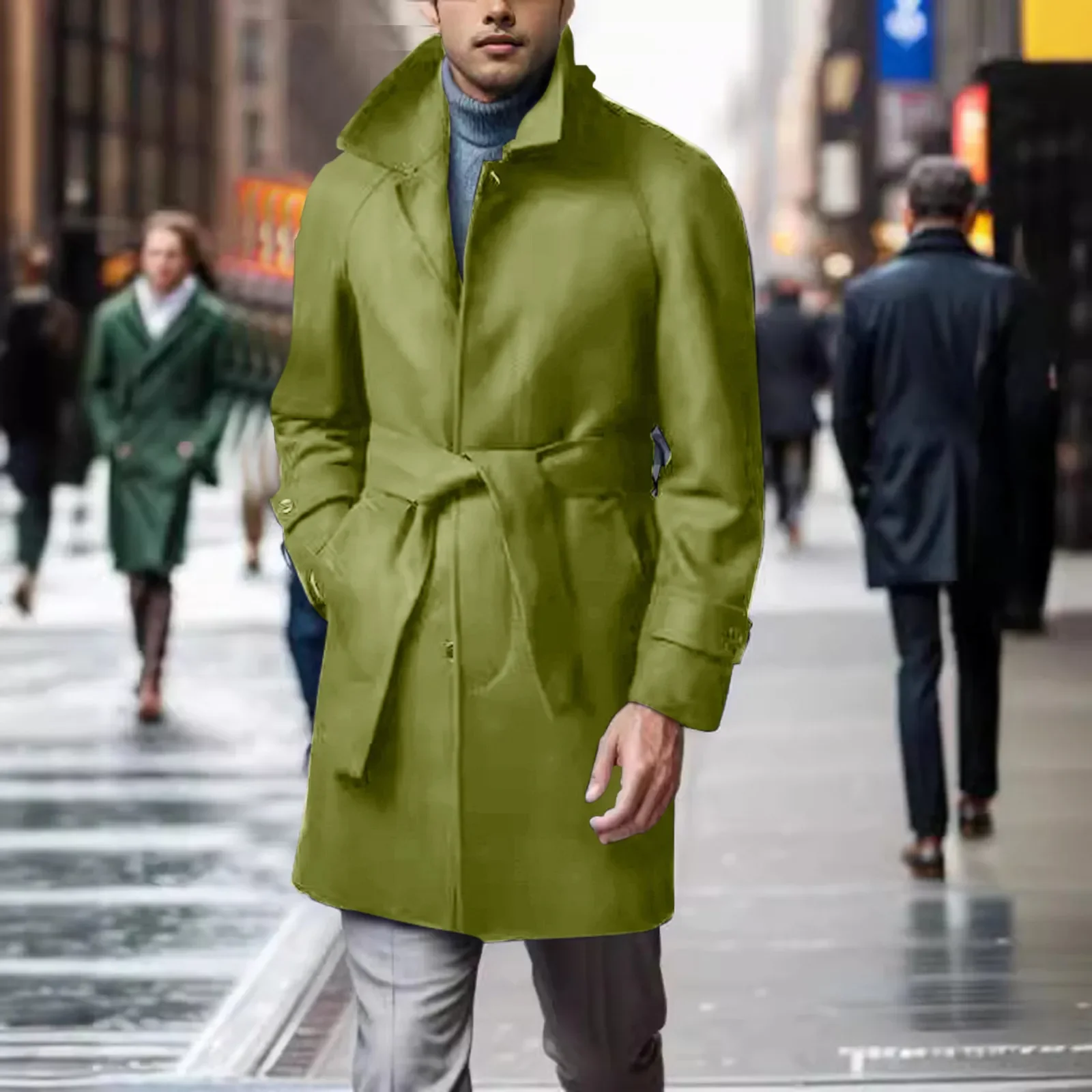 Vintage Woolen Windbreaker Mens Trench Coats Fall Winter Outdoor Fashion Lapel Buttoned Belt Mid Jackets Men Casual Outerwear
