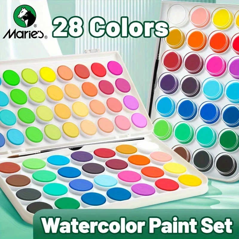 Marie's 28 Colors Watercolor Paint Kit with a Brush & Portable Box,Vibrant Colors for Painting,Writing,Gifts for Adults,Artists