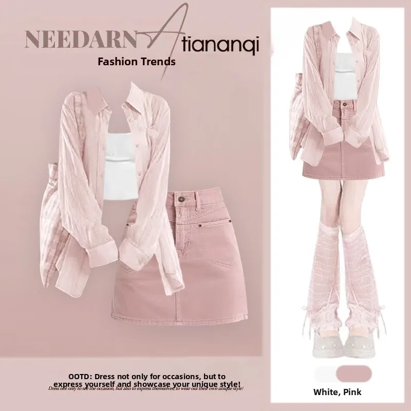 

Модный летний комплект из трех предметов: женская футболка с защитой от УФ-излучения, пояс и короткая юбка с высокой талией для коррекции фигуры, антивозрастная, элегантная, стильная.