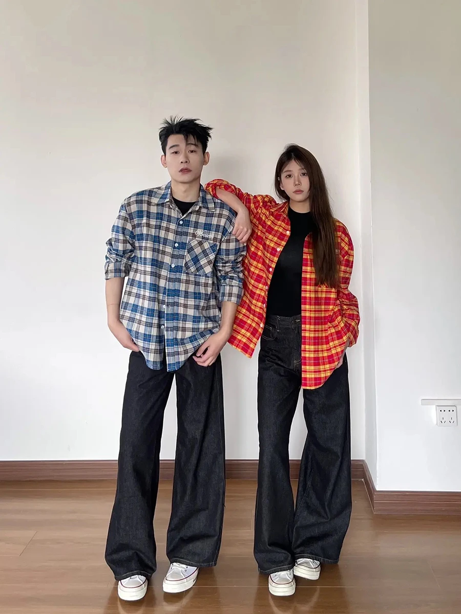 

Мужская клетчатая рубашка с длинным рукавом, весенняя коллекция, американская ретро-модель для пар, модная и стильная верхняя одежда.