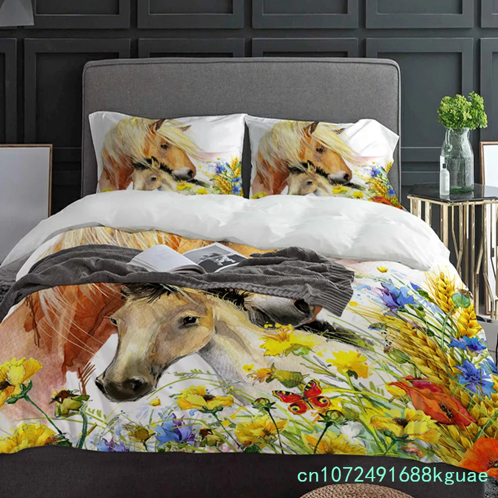 Color Animal Horse Watercolor Flowers Bedding Set 3pcs Duvet Cover Pillowcase Kids Adult Quilt Cover Double Bed Set Home Textile