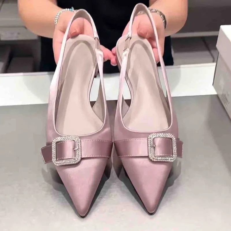 

Fashion Women's Sandals Pink Satin Pointed Toe Rivet Decor High Heels for Women Wedding Dress Shoes for Woman Sandalias De Mujer