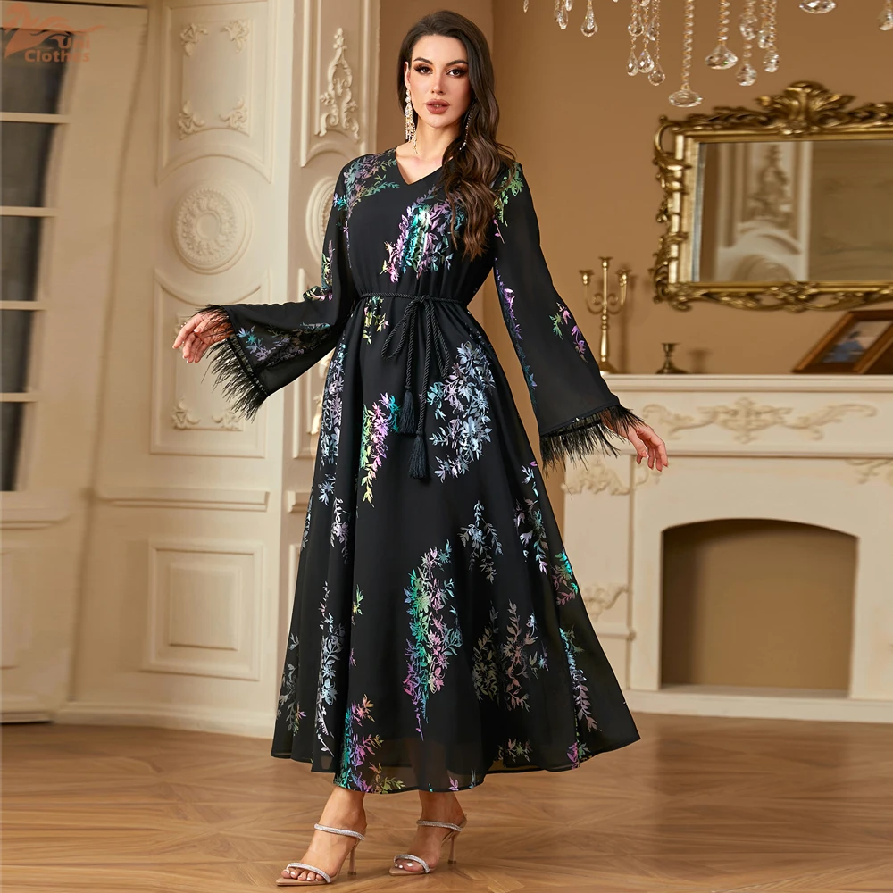 Elegant Print Abayas for Women Muslim Evening Party Dress Dubai Kaftan Kebaya Caftan Marocain Femme Robe Islam Jalabiya Vestidos