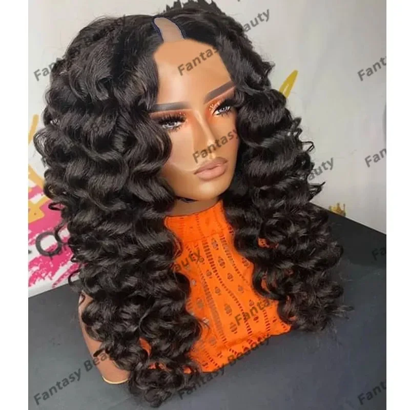 Loose Deep Wave Human Hair 1x4 Opening U Part Wigs for Black Women Glueless Long 26Inch 200Density Thick Dark Brown Upart Wigs