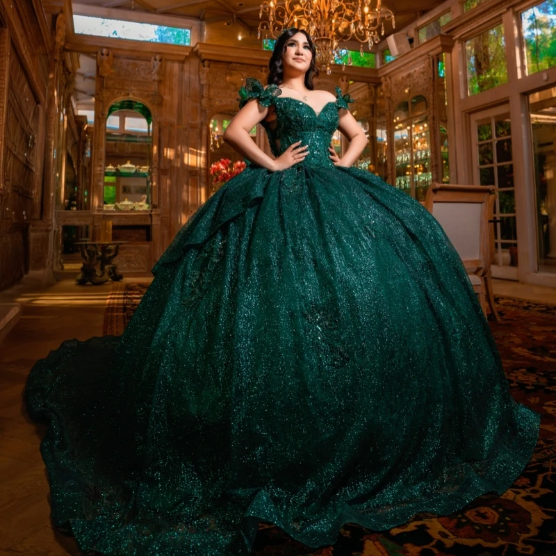 

Black Green Shiny Quinceanera Dresses Ball Gown Off The Shoulder Applique Lace Beading Tull Corset Party Birthday vestidos 15 de