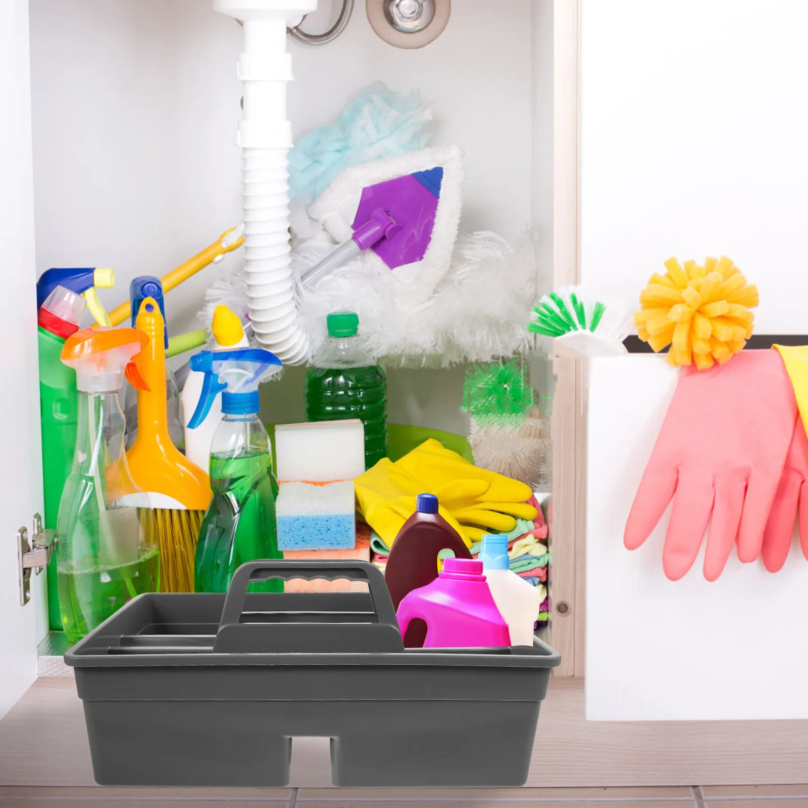 

Органайзер для чистящих средств с ручкой для переноски, пластиковая корзина для хранения бытовых принадлежностей, держатель для чистящих средств, ящик для инструментов