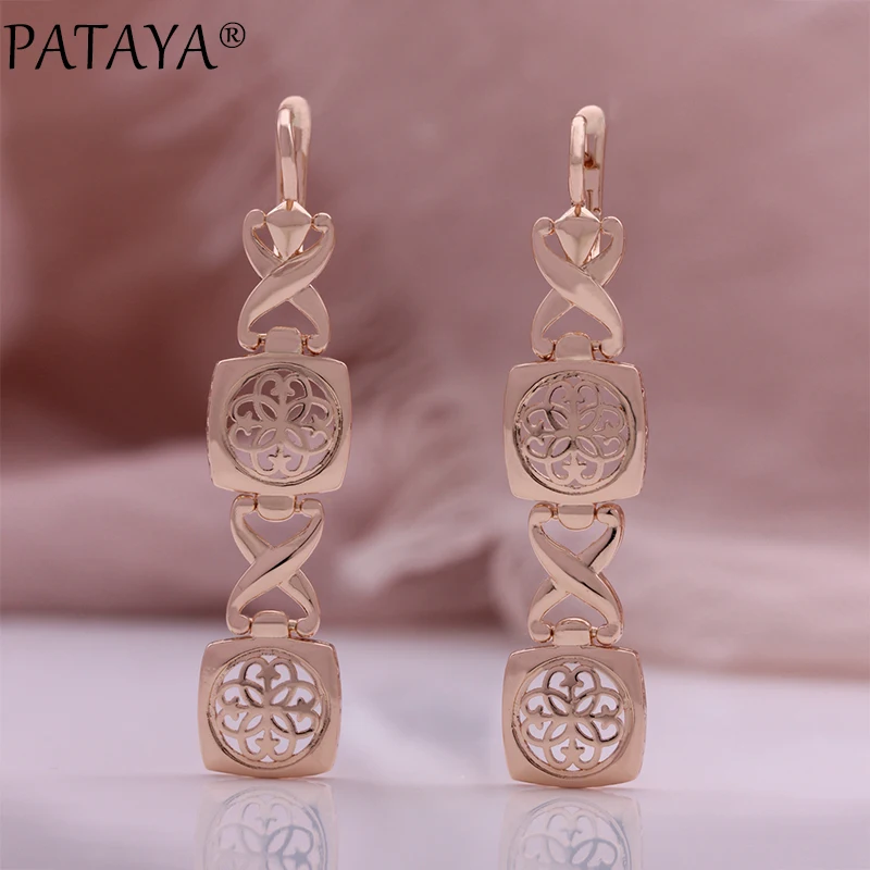 PATAYA Hot Fashion 585 Rose Gold Color Long Drop Earrings for Women Unique Natural Zircon Accessories Jewelry