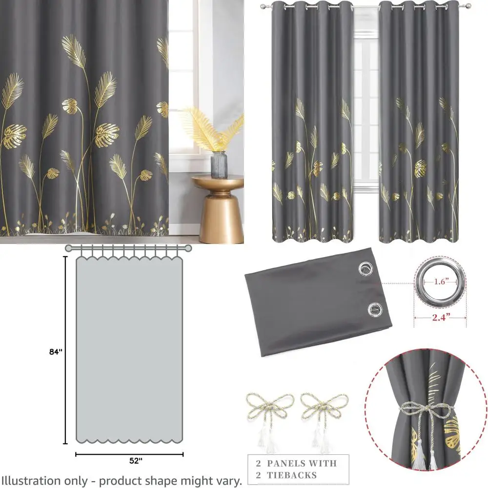 

Теплоизоляционные затемняющие шторы серого цвета, длина 84 дюйма, комплект из 2 панелей для гостиной или спальни, с узором «Золотая пальма»