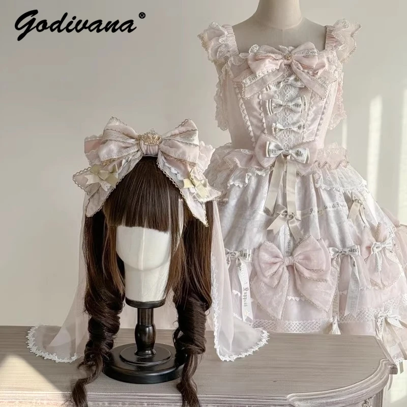 

Original Fairy Flower Wedding Bowknot Pink and White Headwear Girls Women's Lolita Headband KC Veil Women's Cos Hairband