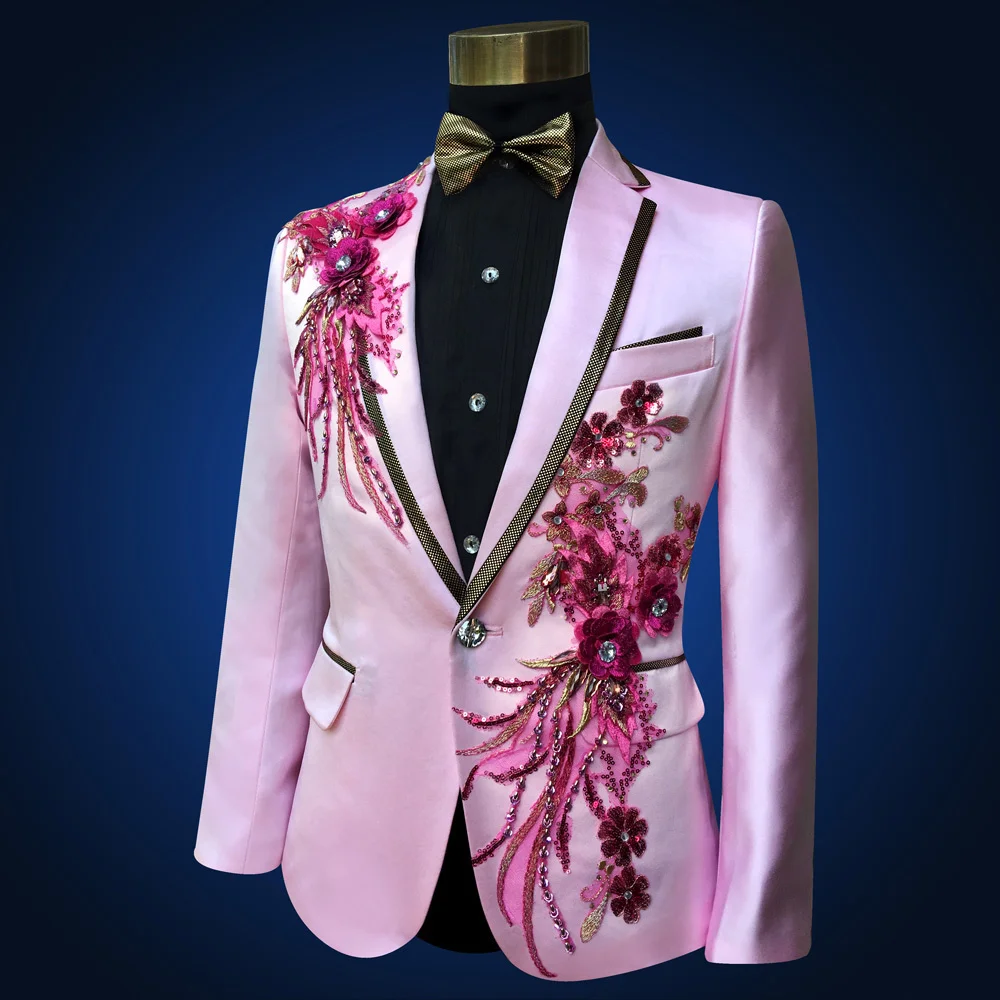 Pink Tuxedo Jacket +pant Beads Suit Mens Stage Wearmens Tuxedos Wedding Plus Size 4XL Pink Royal Blue White Black Red Groom Suit